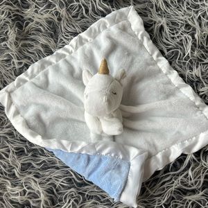 Carters Unicorn Lovey Security Blanket Plush Toy White Satin Trim Blue.